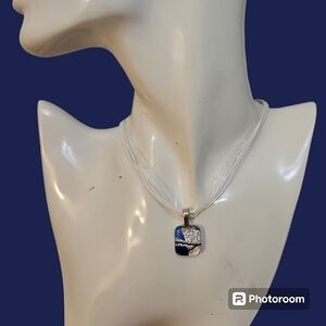 3/$30 VTG Square Dichroic Glass Pendant Ribbon Necklace